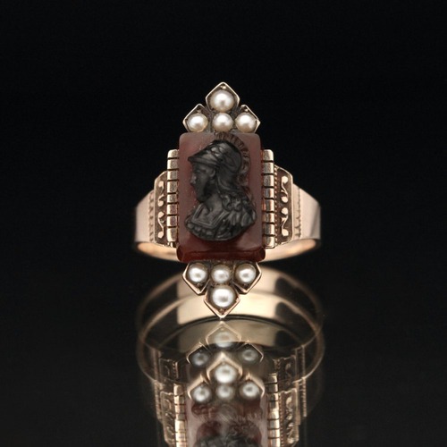Vintage Cameo Ring [10kt Gold - Carnelian x Pearl] [1930s- US] Art Deco