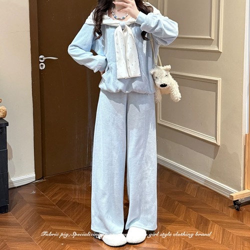 【2点セット】2種/リボンカラーワッフルトップス+パンツ ・79271