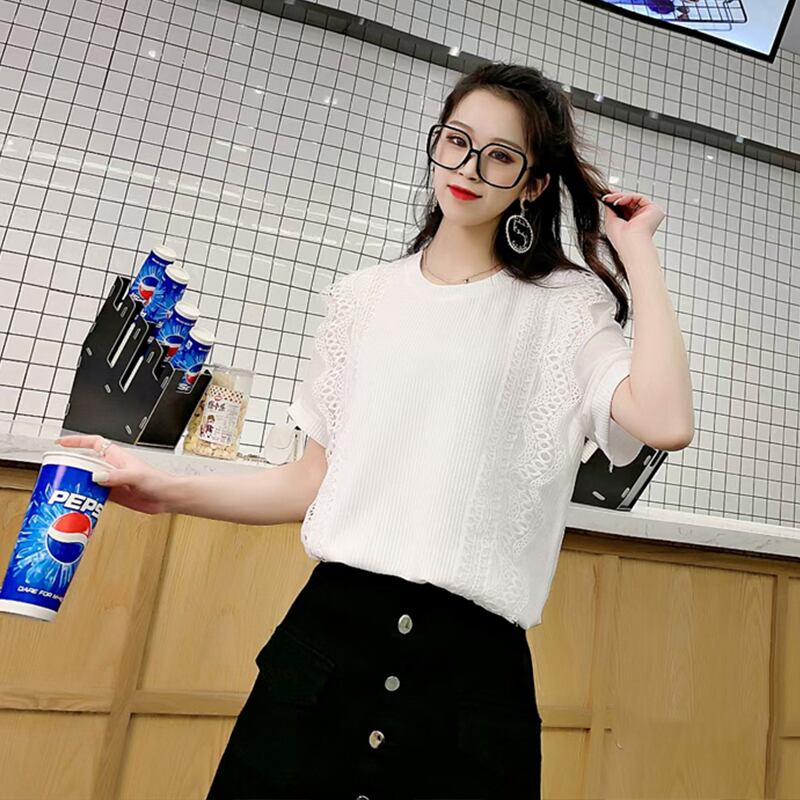 Tシャツ シャツ ラウンドネックニットレースレディース 大きめサイズ 大人ガーリー スウィート キュート カジュアル Oネック ステッチ ミックスインファッション20303409102