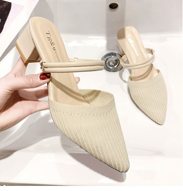 ポインテッド トゥ 5cm ヒール サンダル ミュール ママ 学生 OL 通勤