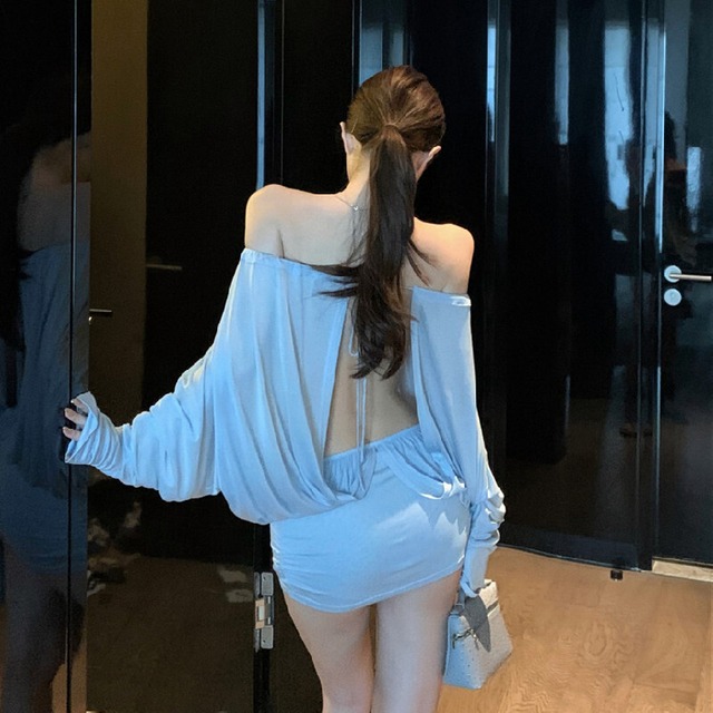 ワンピース オフショルダー セクシー バックオープン ミニ丈 ライトブルー