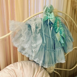 ティファニーブルーのペチコートスカートとヘッドドレスとロゼットの3点セット (200902)