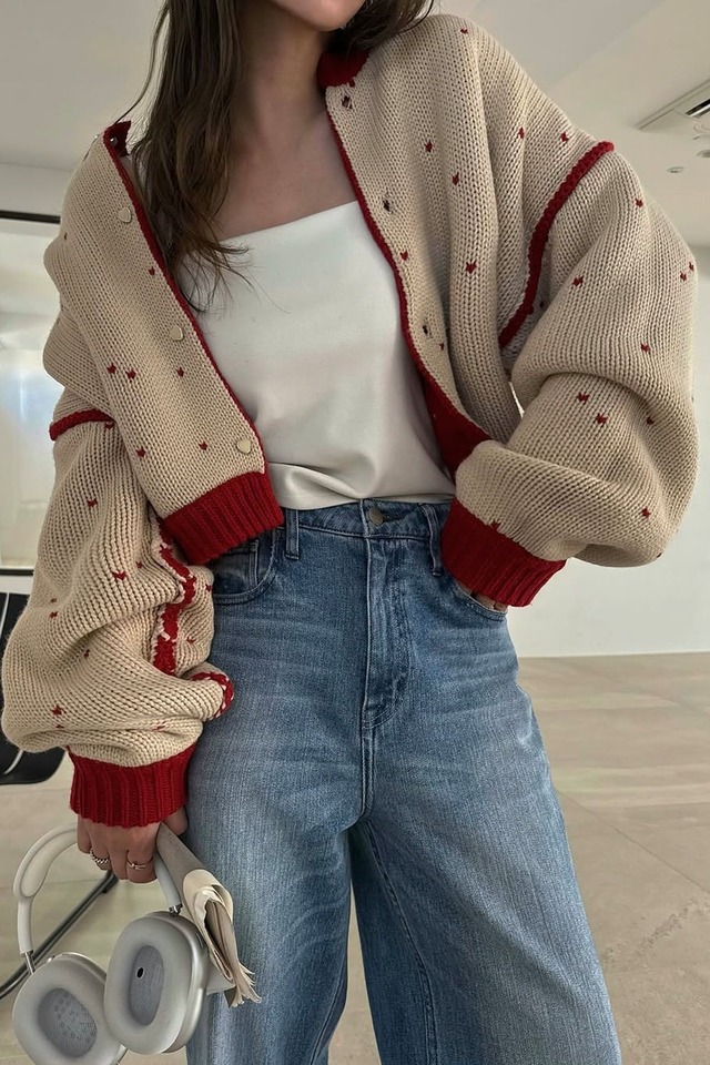 WILLFULLY  heart dot jacquard reversible cropped knit cardigan ハートドットジャガードリバーシブルクロップドニットカーディガン　RedxTan