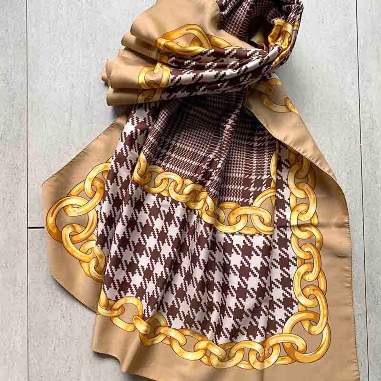 スカーフ　千鳥格子模様　ブラウン×ゴールド　レトロファッション 12ACcv10
