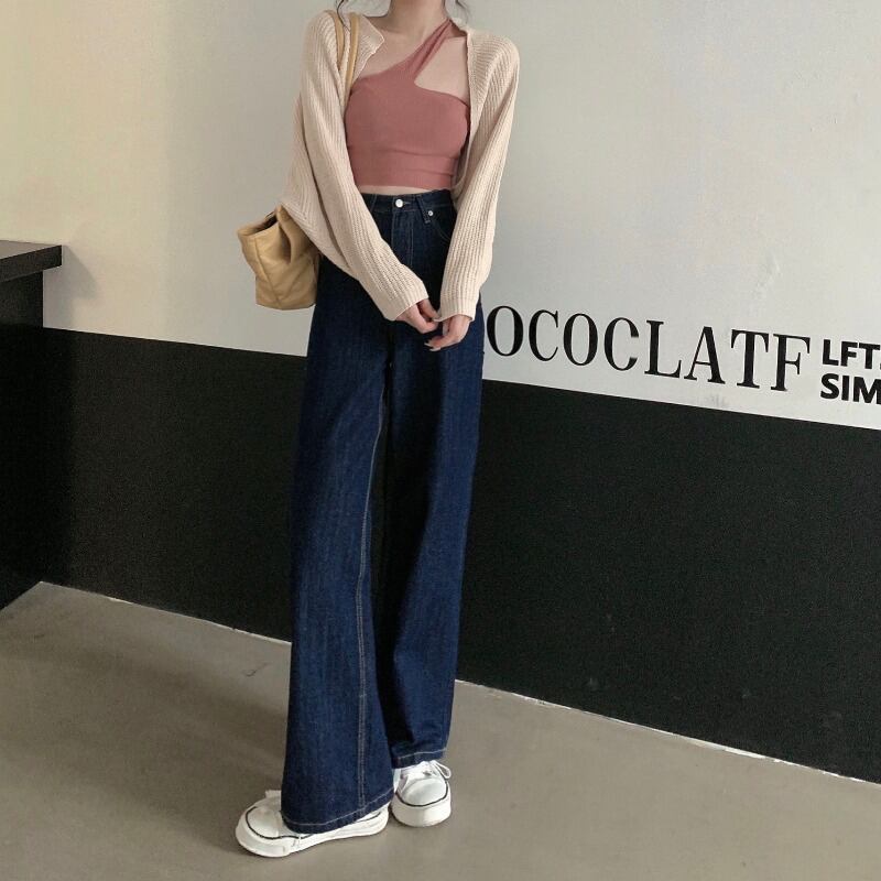 ダークブルーのモップジーンズレディースフォールルーズで薄いワイドレッグパンツ2020新しいハイウエストストレートレッグパンツ ブラックストロベリース3645234759