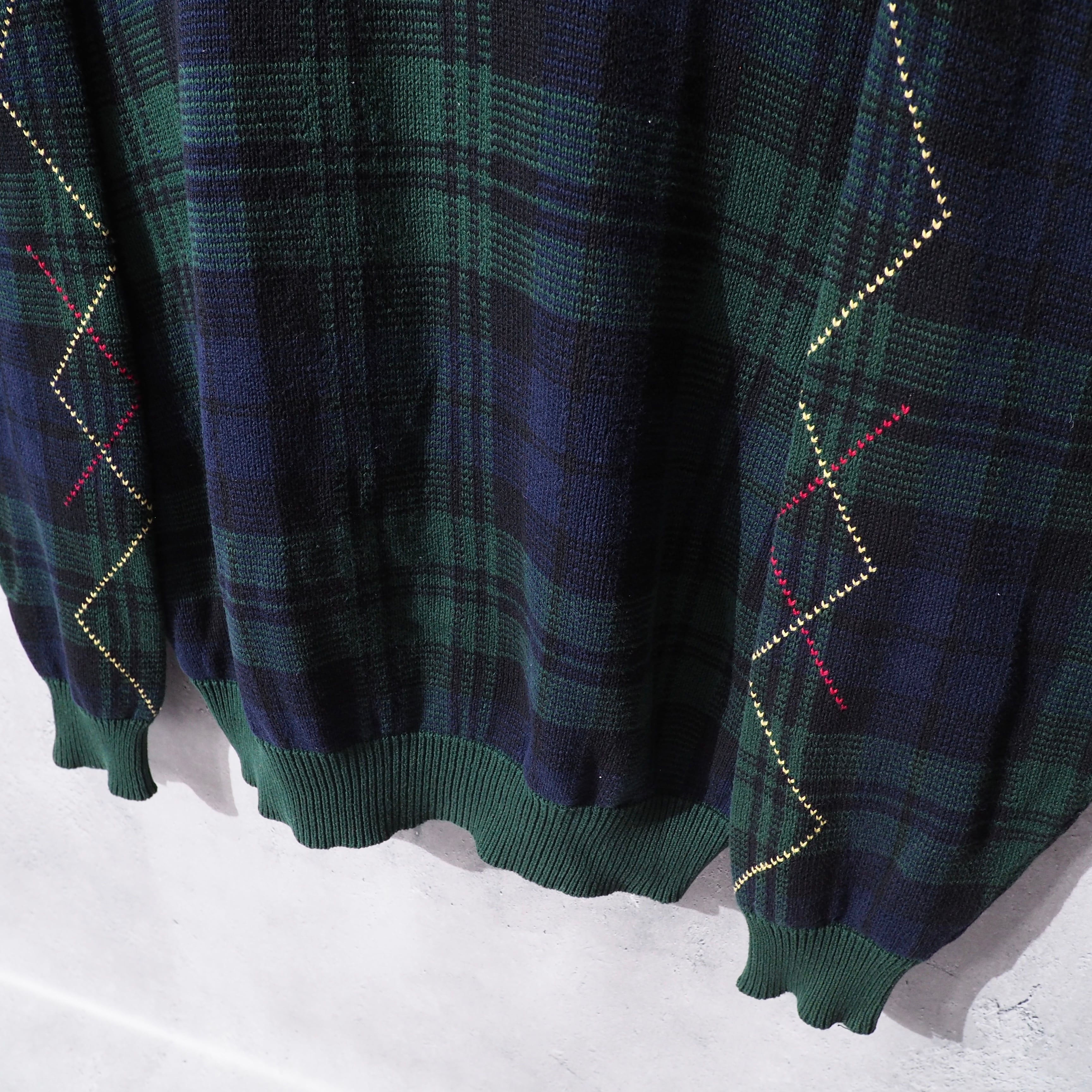 1990s " Nautica " Green check × Love Rhombus vintage loose knit