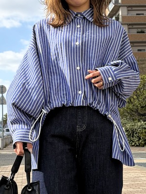 【○○○9286】ブロード＆サッカーストライプフロントドロストチュニック  (8813-61018)