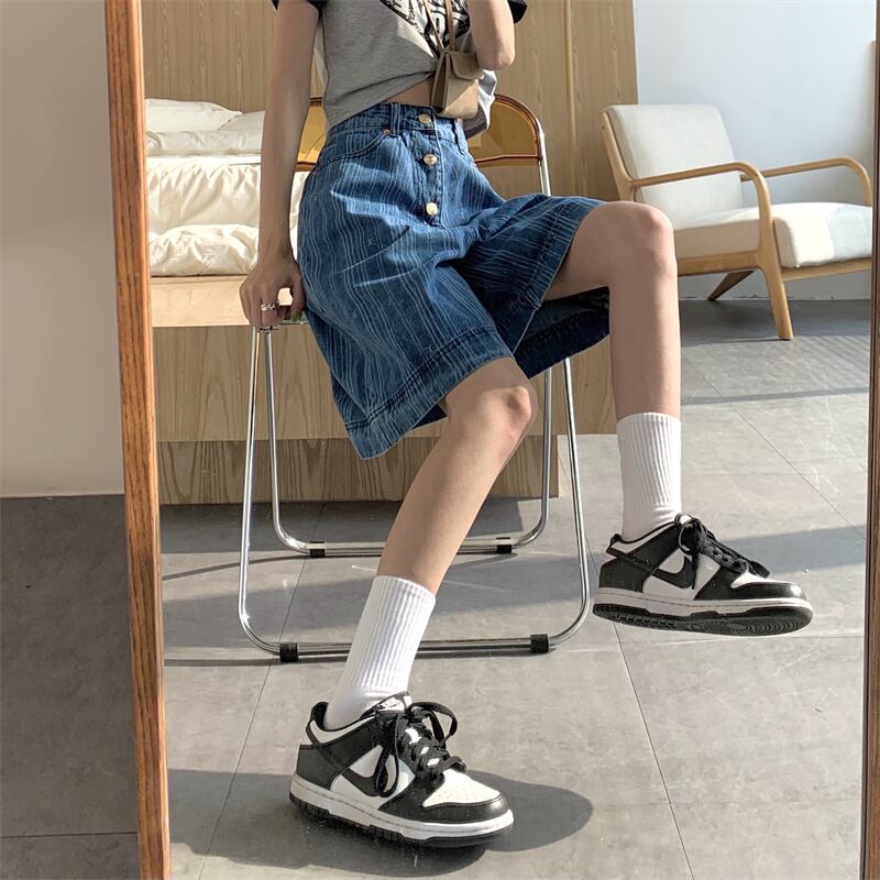 ダークショーツ レディースルーズ薄手カジュアルストライプパンツ ハイウェストウェスト ブルマー クレセントシティ46302978112