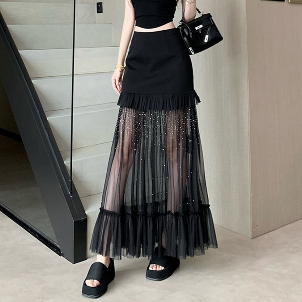 sheer gather long skirt / l0715