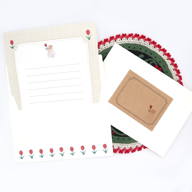 くまとチューリップの一輪ざしレターセット