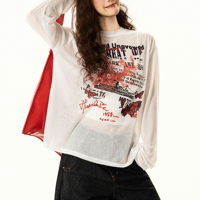 バタフライコラージュグラフィックロングスリーブTシャツ 1col R02568