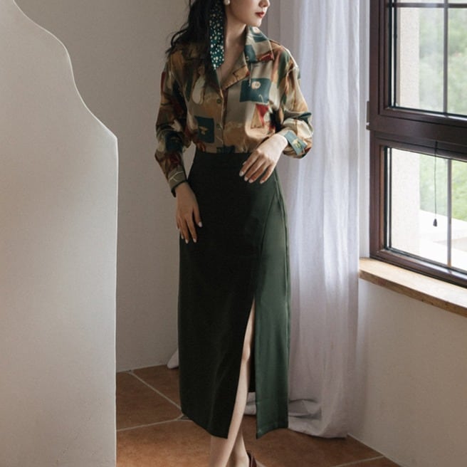 モダン柄 長袖ブラウス&サイドスリットタイトスカート セット 00441