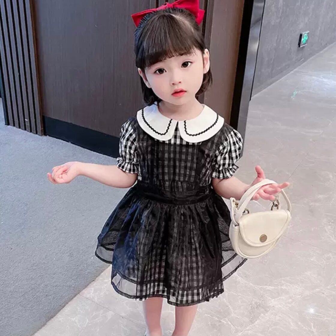 子供服 80〜130 半袖 パフスリーブ チェック柄 フレアワンピース 