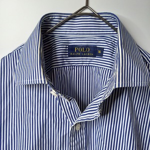 ポロラルフローレン　コットンシャツ　刺繍ロゴ　同色ロゴ　ストライプ　ネイビー　L