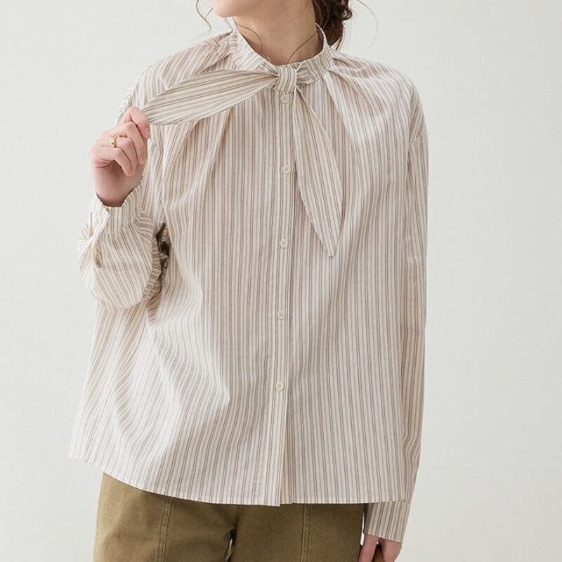 リボンタイストライプ柄シャツ M2070