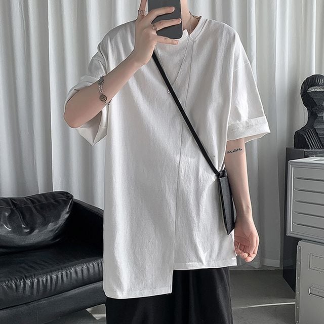 【予約販売】Tシャツ メンズ 半袖 トップス アシンメトリー ホワイト グレー ブラック ゆったり カジュアル こなれ感 お洒落 韓国 トレンド 春 M/L/XL/2XL/3XL