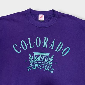 【JERZEES】80s USA製 MLB コロラド ロッキーズ 野球 ベースボール メジャーリーグ COLORADO ROCKIES アーチロゴ プリント スウェット トレーナー ビンテージ ヴィンテージ オールド パープル ユニセックス LARGE US古着