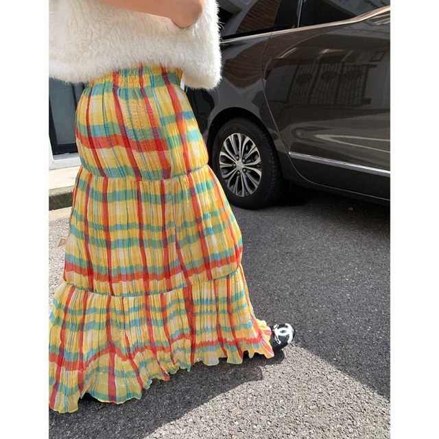 vitamin colorful check tiered pleats skirt  e2067