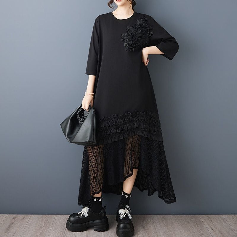 FLORAL APPLIQUE RUFFLED ASYM LACE MIDI DRESS M-17359