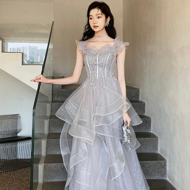 グレー オフショルダー ティアードチュール ロングドレス