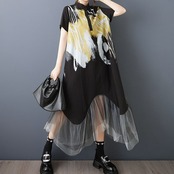 抽象柄 メッシュヘム ワンピース  30250