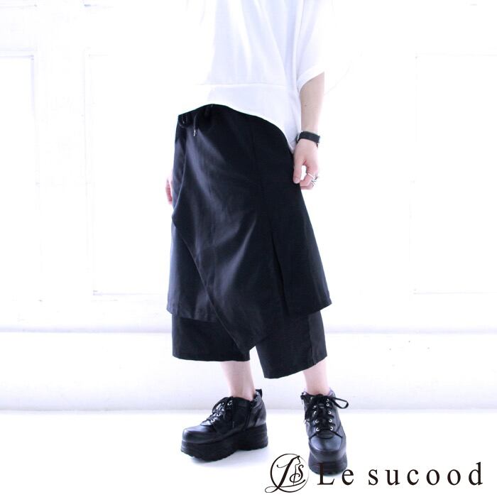 Le sucood】btm015 7分丈 デザイン袴パンツ 変形 ワイドパンツ