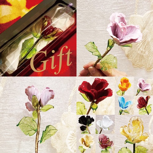 Item775 【受注生産】箱入り ヴェネチアンガラス ローズ ガラスの薔薇 ピンク