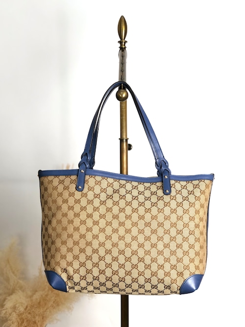 GUCCI グッチ GGスプリーム トートバッグ ベージュ ブルー キャンバス レザー vintage ヴィンテージ オールドz375jy