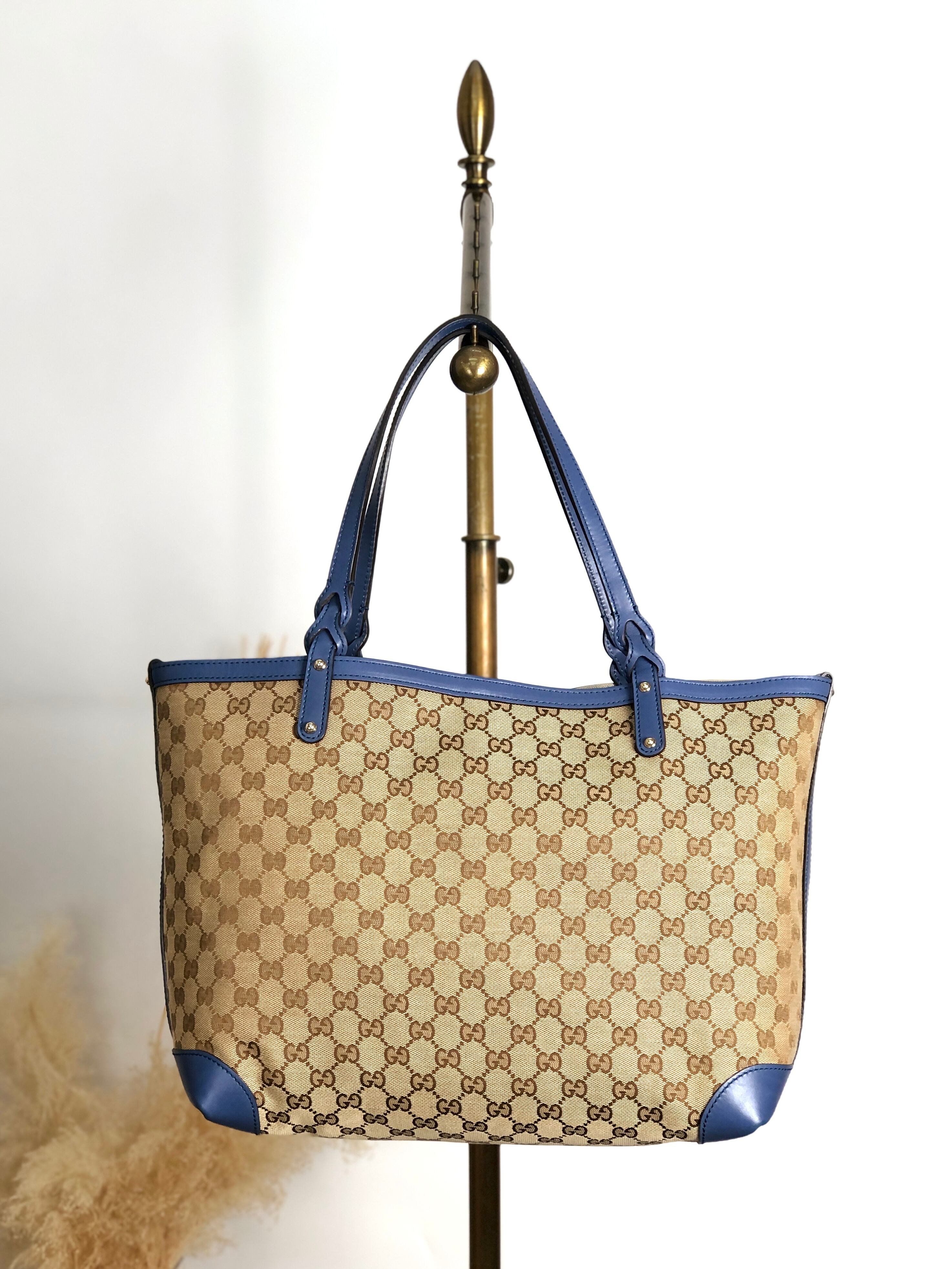 GUCCI グッチ GGスプリーム トートバッグ ベージュ ブルー キャンバス レザー vintage ヴィンテージ オールドz375jy