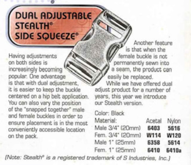 Duraflex Stealth サイドリリースバックル「ステルス」25㎜　両引き　１セット　黒
