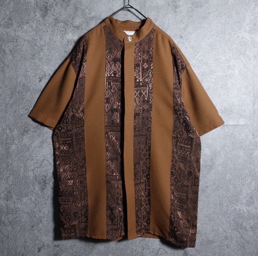 Brown jacquard switching band collar shirt