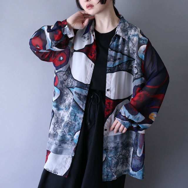 psychedelic art full pattern over silhouette sheer shirt