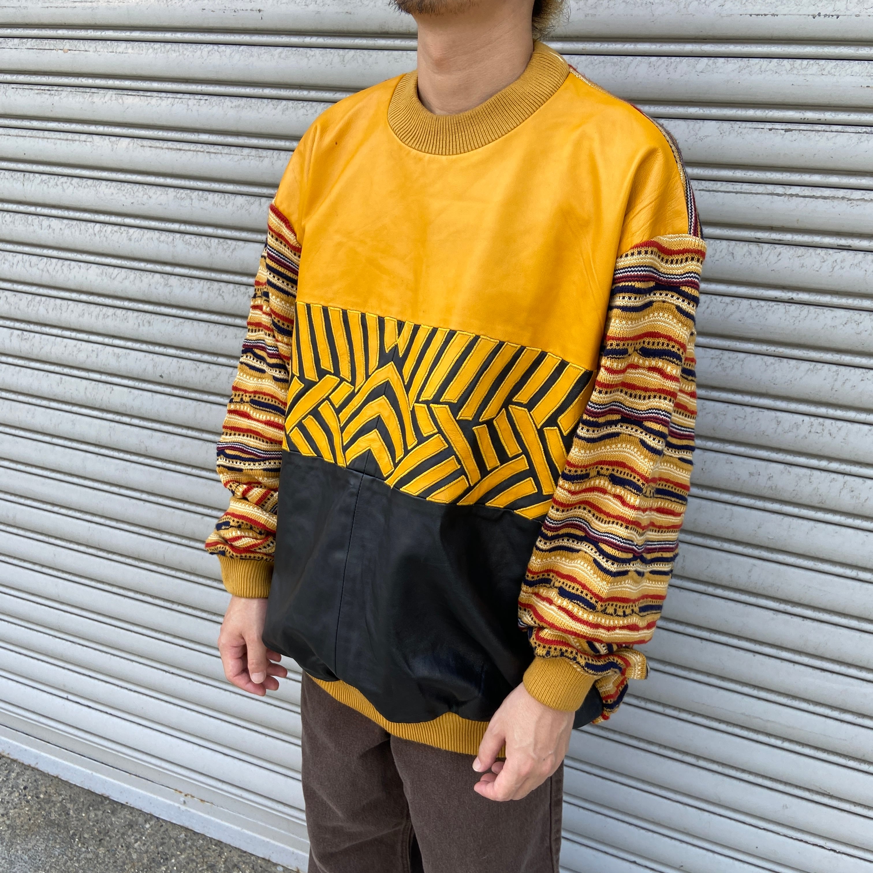 希少 90s レザー切り替え3Dニット デザインセーター クージー風 黄 4XL 