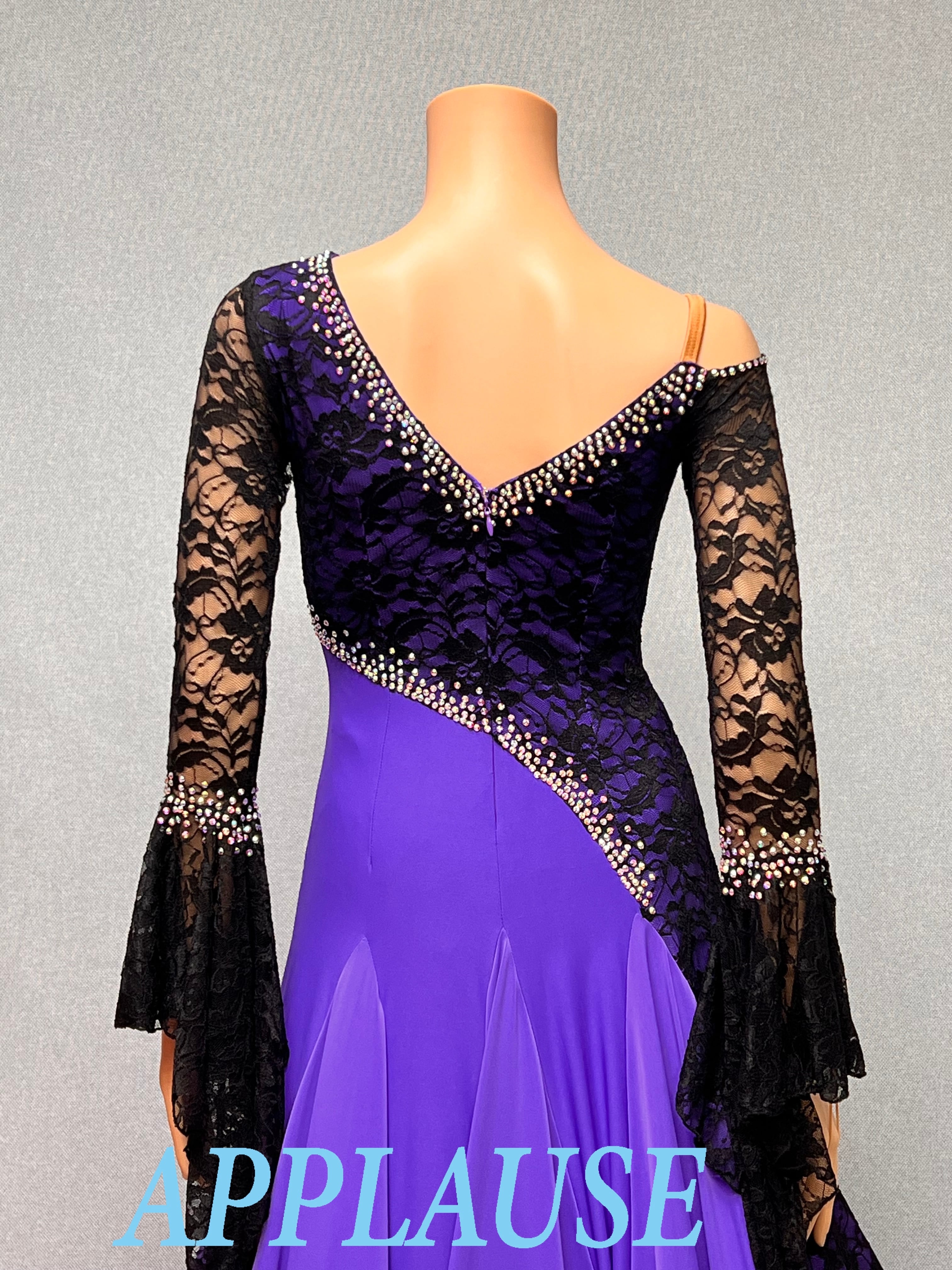 【新着】社交ダンス ドレス　スタンダード　モダンドレス　　パープル＆ブラック　M〜L   ST-26-５  デモ・競技用ドレス　発表会衣装　パーティドレス　ワンピース　舞台衣装