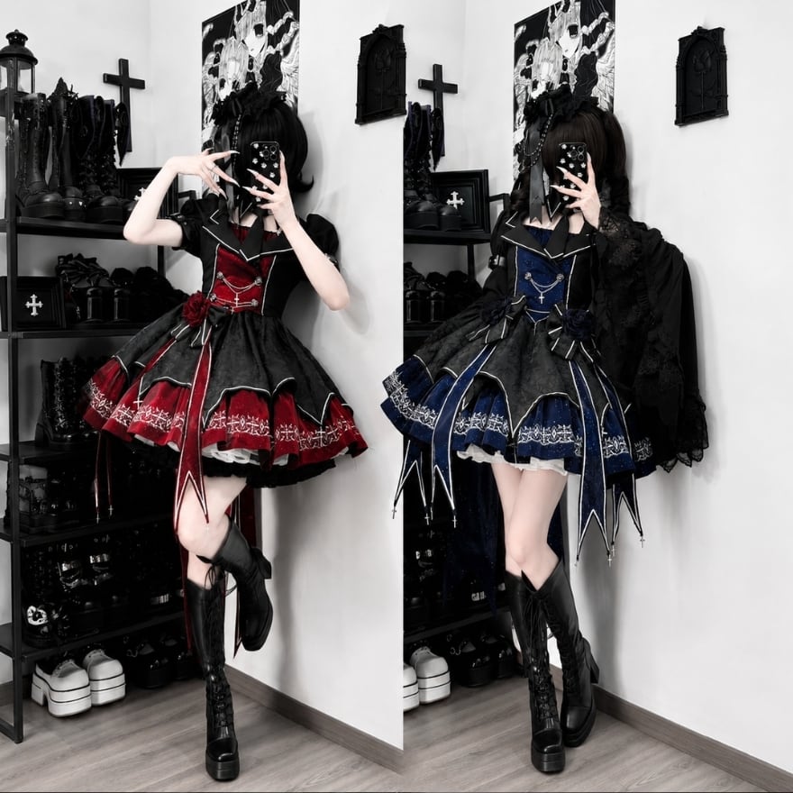 ロリータファッション ゴスロリ薔薇クロス姫袖ダークプリンセスセット