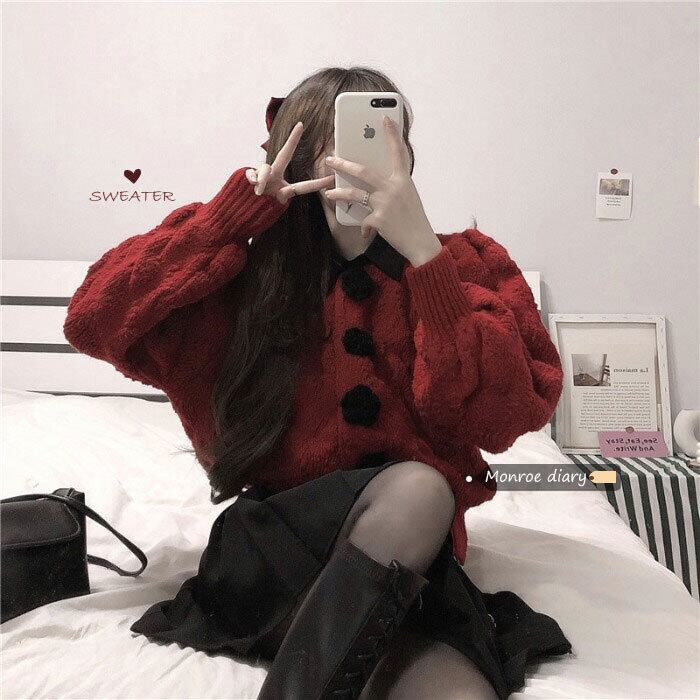 セーター ジャケット レディースルーズレッドスタンダードショートカーディガントップス レトロ モンロー14030765935