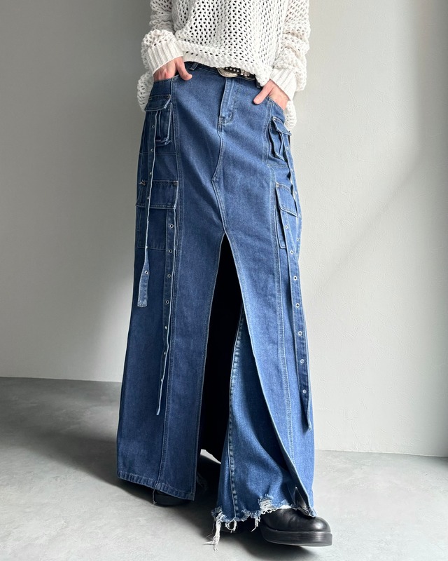 deep slit belted denim maxi skirt / blue