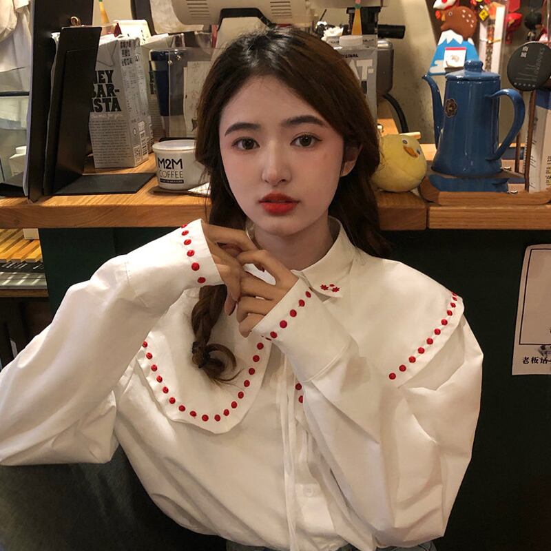 カラーシャツ スプリングルーズ ロング レッド 刺繍 春物 スーパーモール45282980580