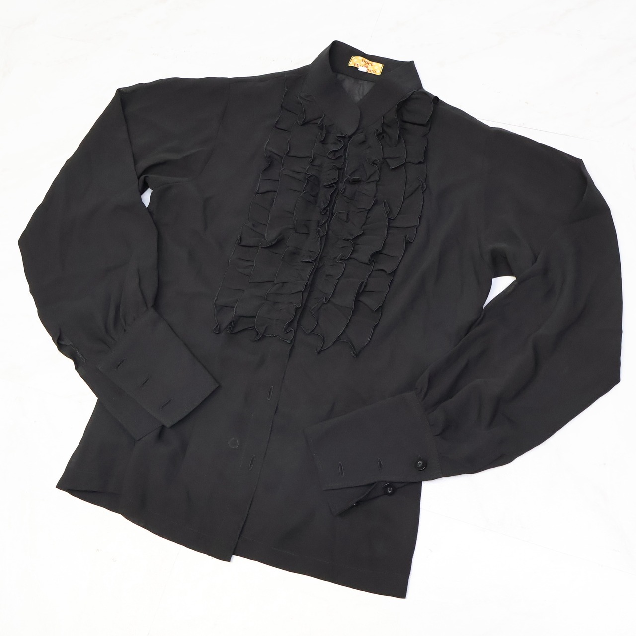 【美品 フラメンコ衣装】ブラック docedelflamenco ドセデルフラメンコ ブラウス トップス 黒 長袖 フリル 透け感 襟 ボタン