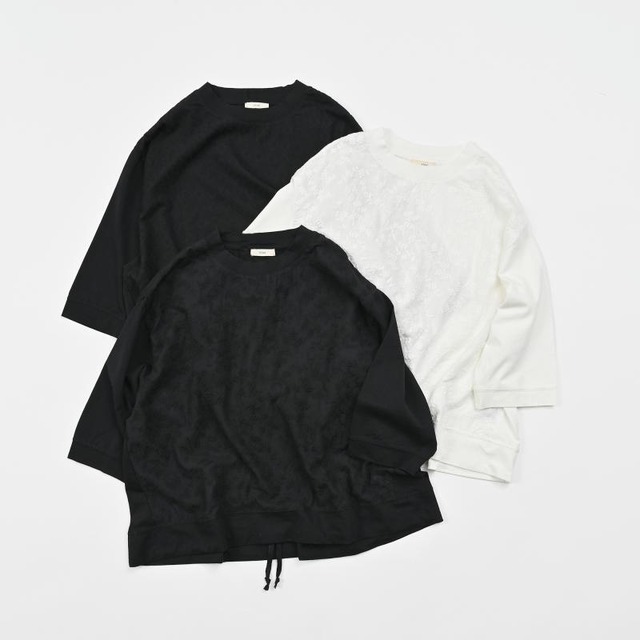 布帛レース柄切り替え裾スピンドル７分袖Tシャツ