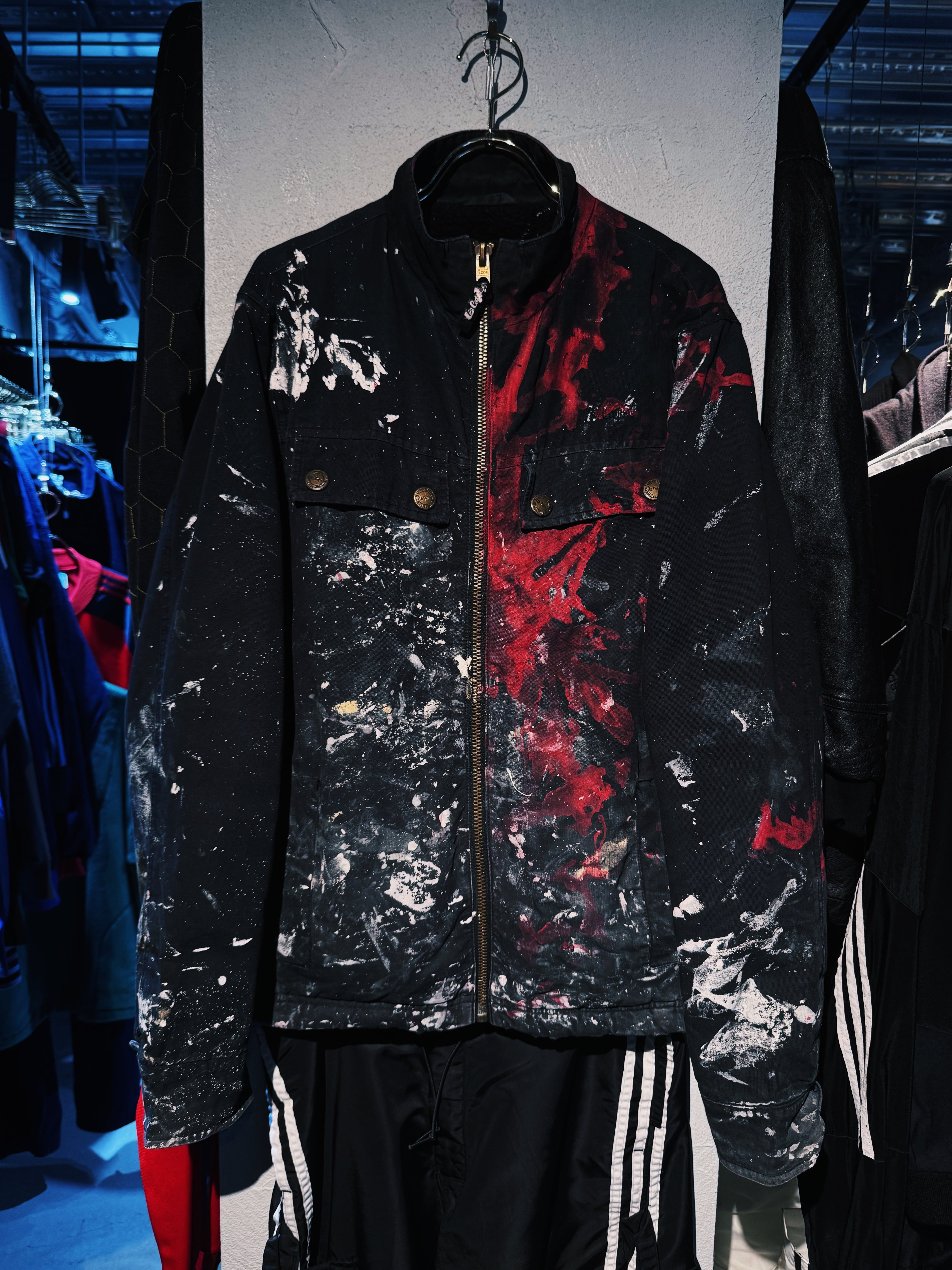 【D4C】vintage chaos splash paint design boa lining stand neck jacket