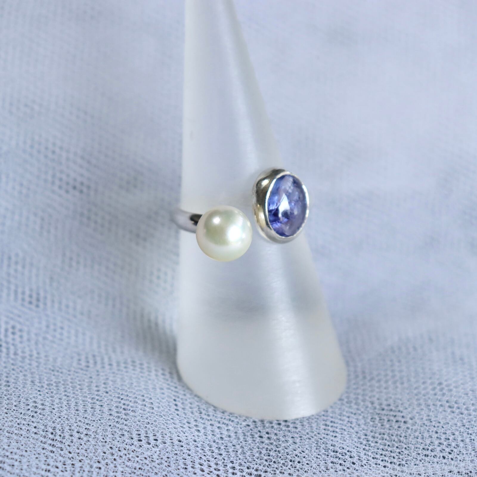 ニュアンスカラータンザナイト ハンドメイドリング シルバー925 タンザナイトとアコヤパールのフロントオープンリング 天然石 シルバー