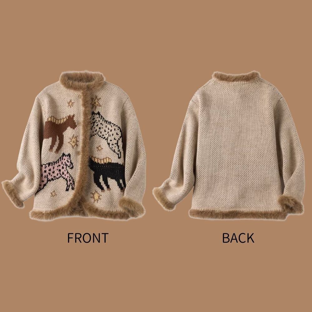 星降る夜に佇む馬たちのファーニットカーディガン E00621 | EMMA GRAND