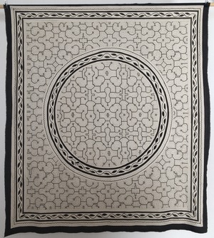 17大判白 155x136cm 円と植物　アマゾン シピボ族の泥染め 天然染め　円と植物
