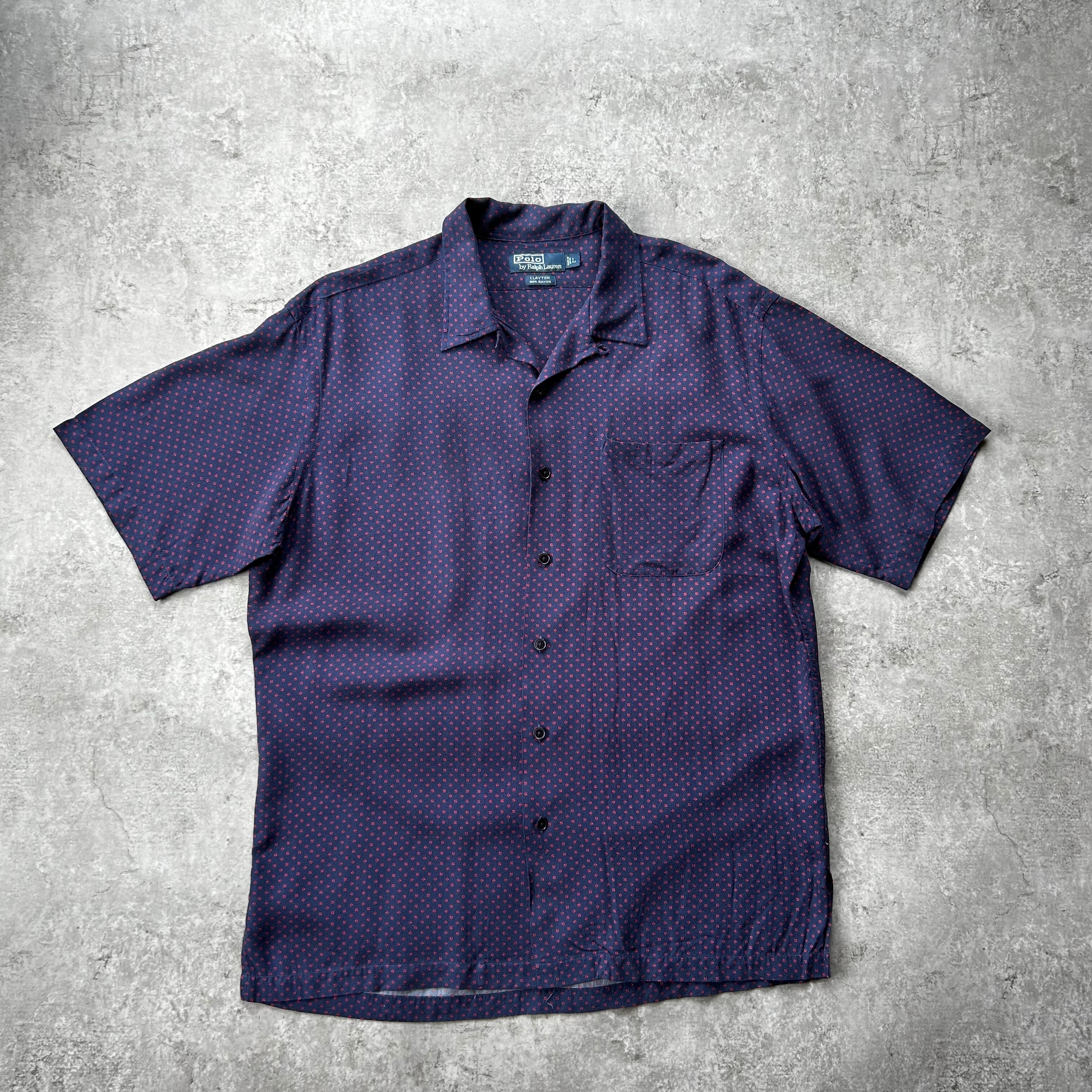 90s Ralph Lauren オープンカラーレーヨンシャツ　総柄　ネイビー 90s ラルフローレン 総柄レーヨンシャツ フラミンゴ柄 ネイビー L 開襟