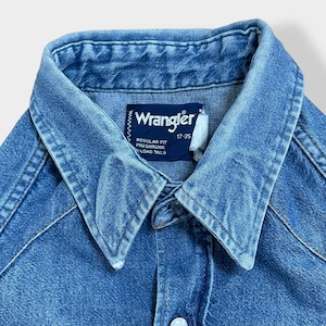 【Wrangler】80s ウエスタンデニムシャツ デニムシャツ ウエスタンシャツ ショルダーヨーク フラップポケット カラーステイ XL相当 ビッグシルエット ラングラー 胸パッチ us古着