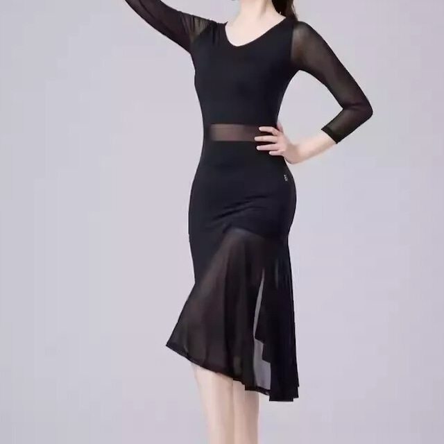 メッシュディテール ミモレ Vネック ウエストマーク ダンスドレス ds1405