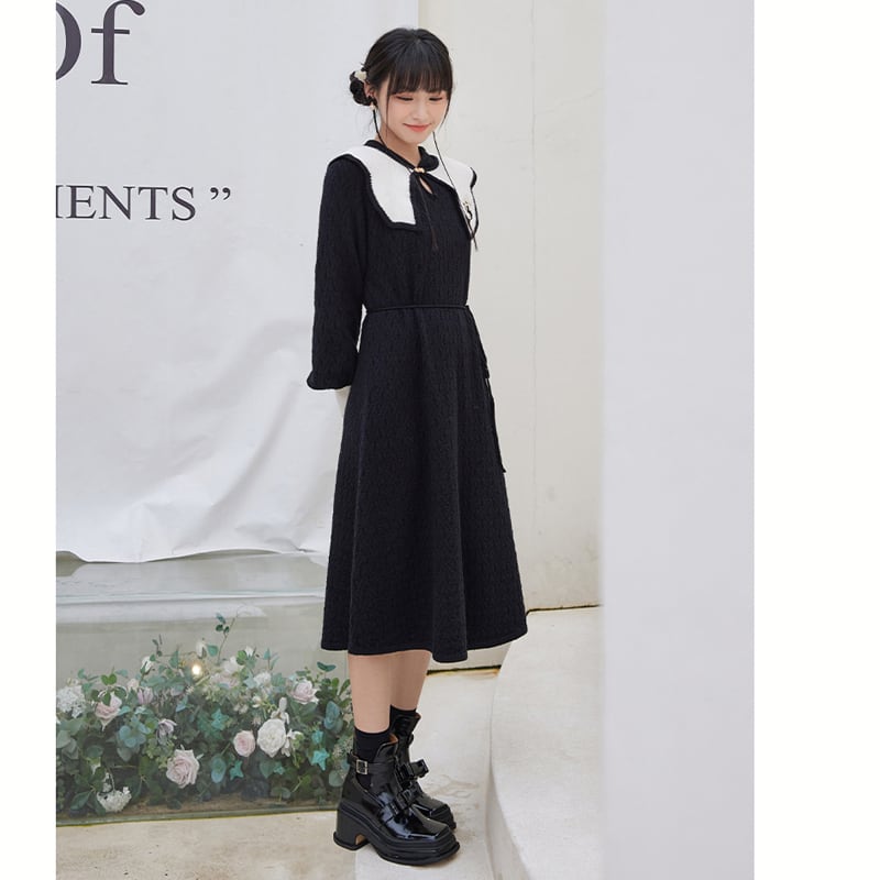 十三余シリーズ チャイナ風ワンピース パンダ 刺繍 セーターワンピース 黒白色 ブラック ホワイト Elegant 十三余シリーズ チャイナ風ワンピース パンダ 刺繍 セーターワンピース 黒白色 ブラック ホワイト Elegant