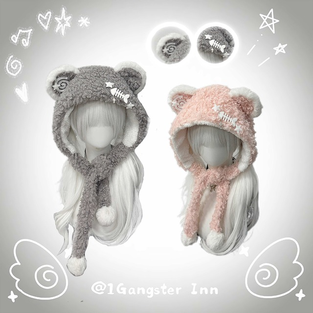 魚の骨×星の猫耳ボアフード マフラー付き 地雷系 サブカル 天使界隈 防寒帽子