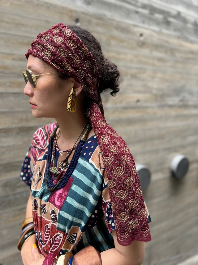Vintage wine red × gold lace scarf ( ヴィンテージ ワインレッド × ゴールド レース スカーフ )